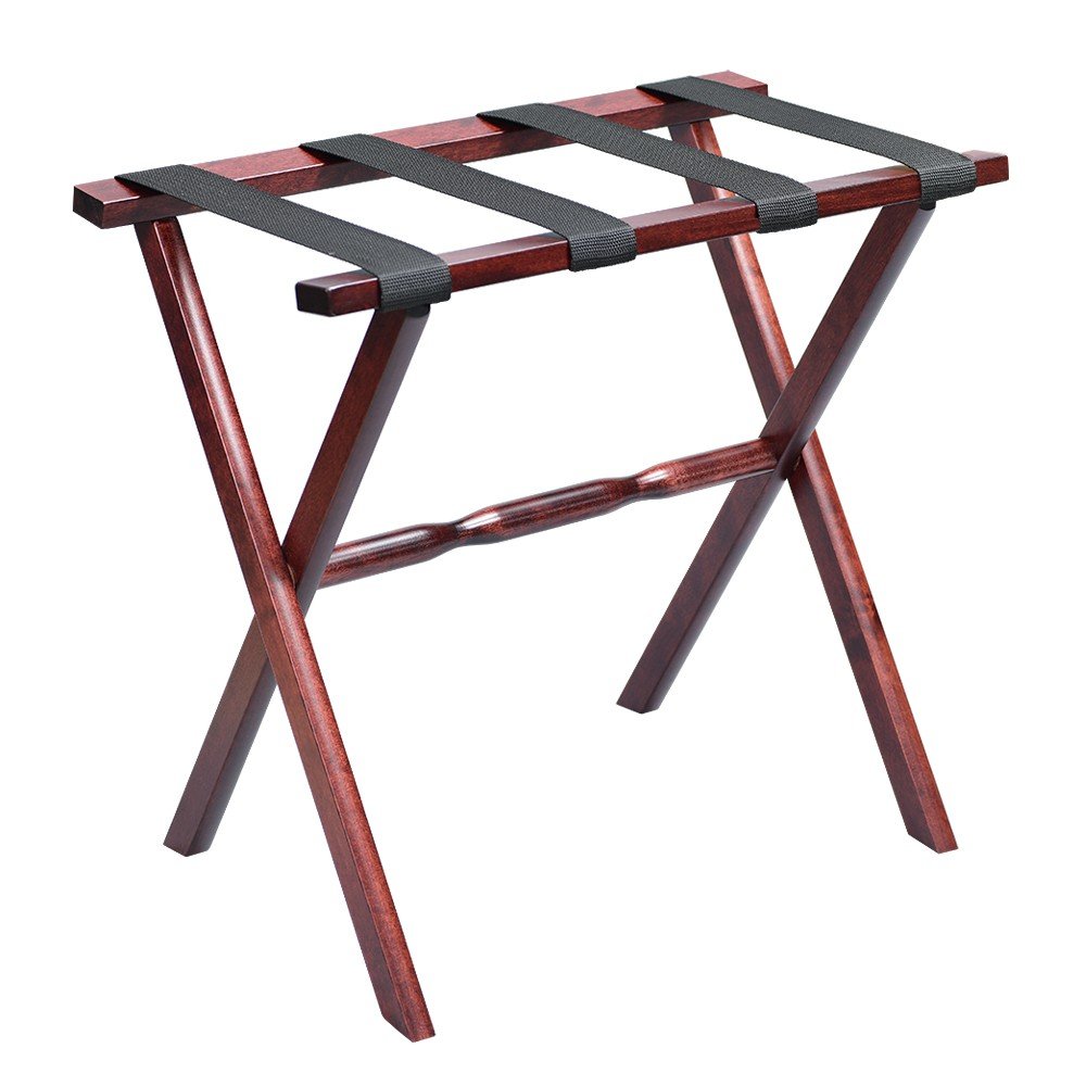Cherry mahogany folding luggage rack with black straps on a white background.