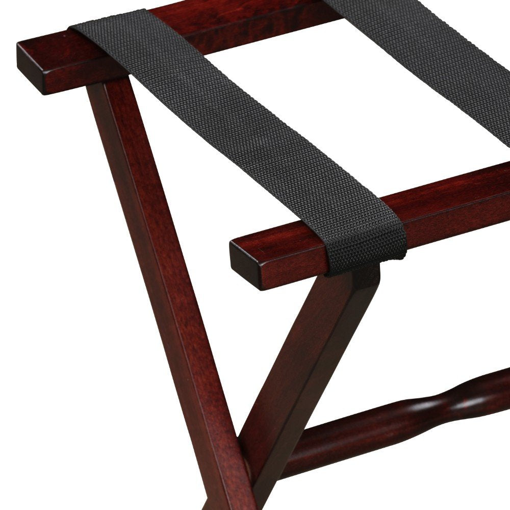 Hotel Cherry Mahogany Folding Luggage Rack With Black Straps on a white background