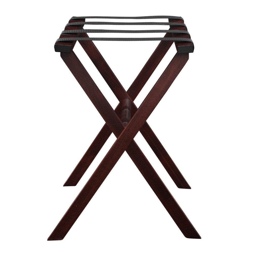 Hotel Cherry Mahogany Folding Luggage Rack With Black Straps on a white background