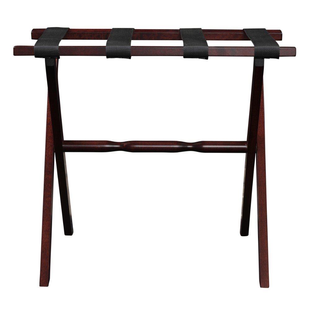 Hotel Cherry Mahogany Folding Luggage Rack With Black Straps on a white background