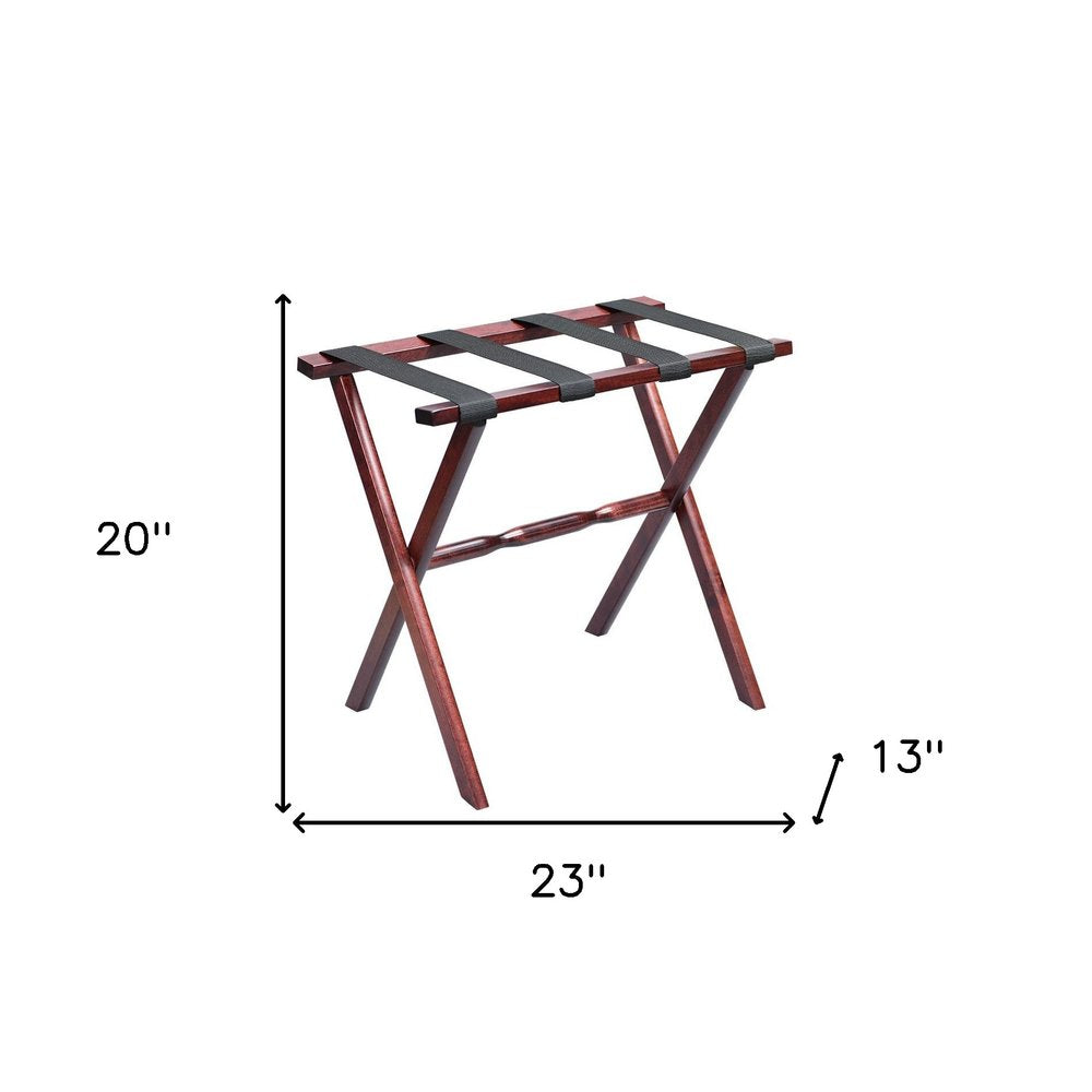 Hotel Cherry Mahogany Folding Luggage Rack With Black Straps on a white background