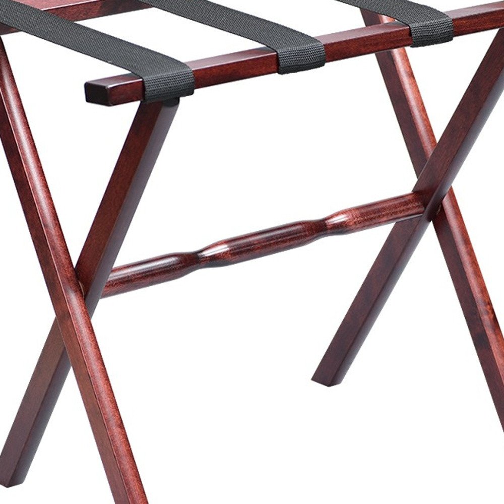 Hotel Cherry Mahogany Folding Luggage Rack With Black Straps on a white background