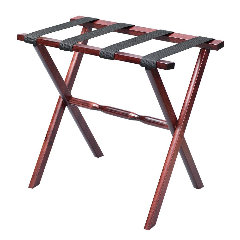 Hotel Cherry Mahogany Folding Luggage Rack With Black Straps on a white background