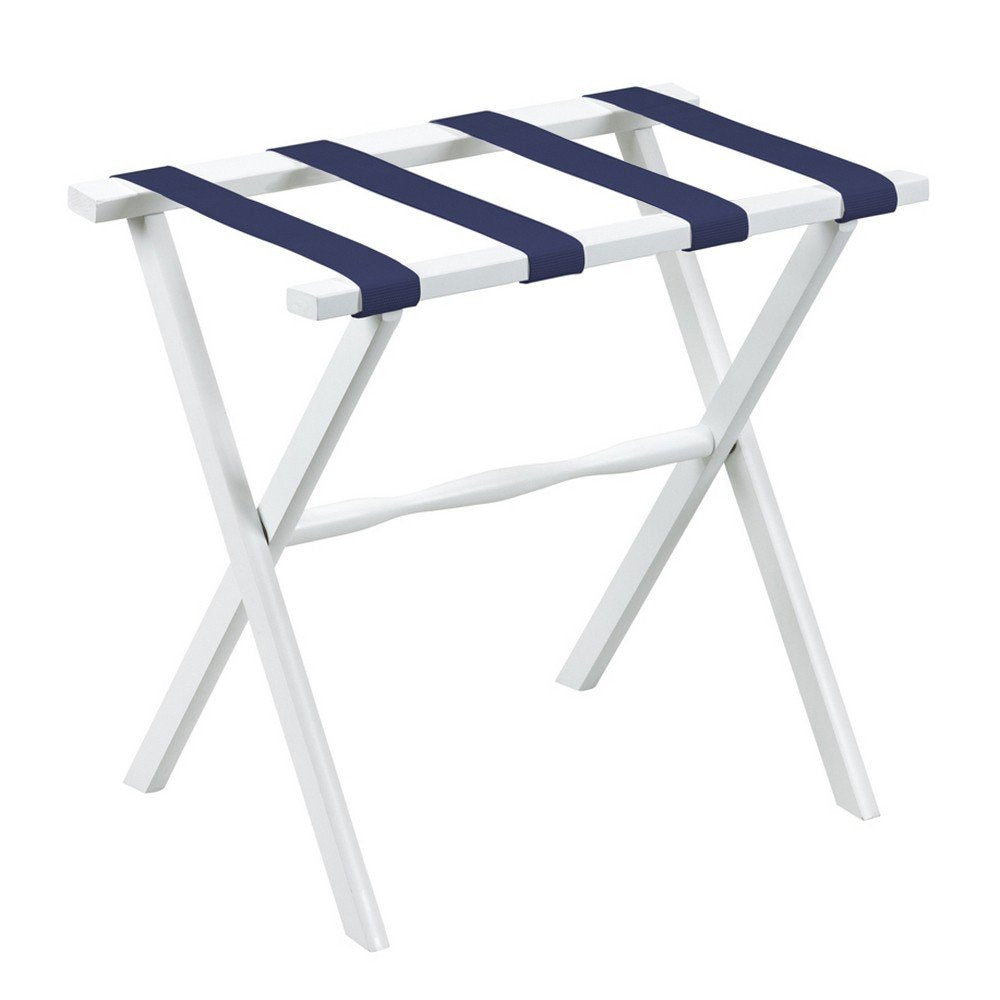 White folding luggage rack with navy blue straps on a white background.