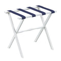 Hotel White Finish Wood Folding Luggage Rack With Navy Straps on a white background