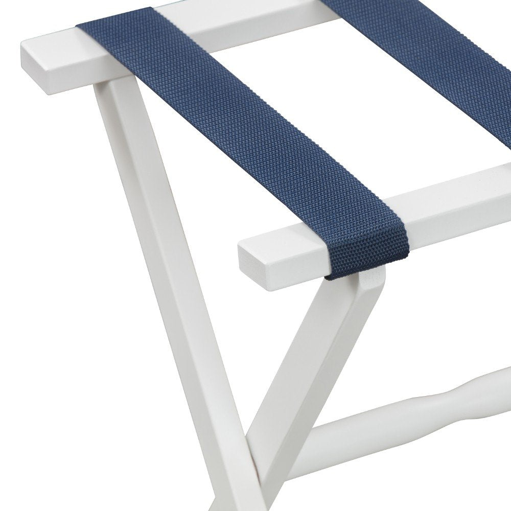 Hotel White Finish Wood Folding Luggage Rack With Navy Straps on a white background