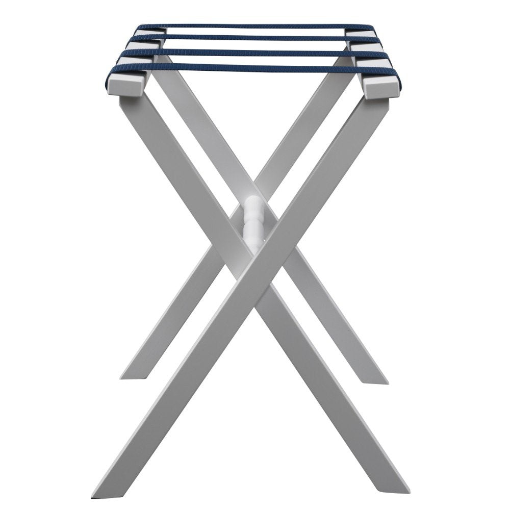 Hotel White Finish Wood Folding Luggage Rack With Navy Straps on a white background