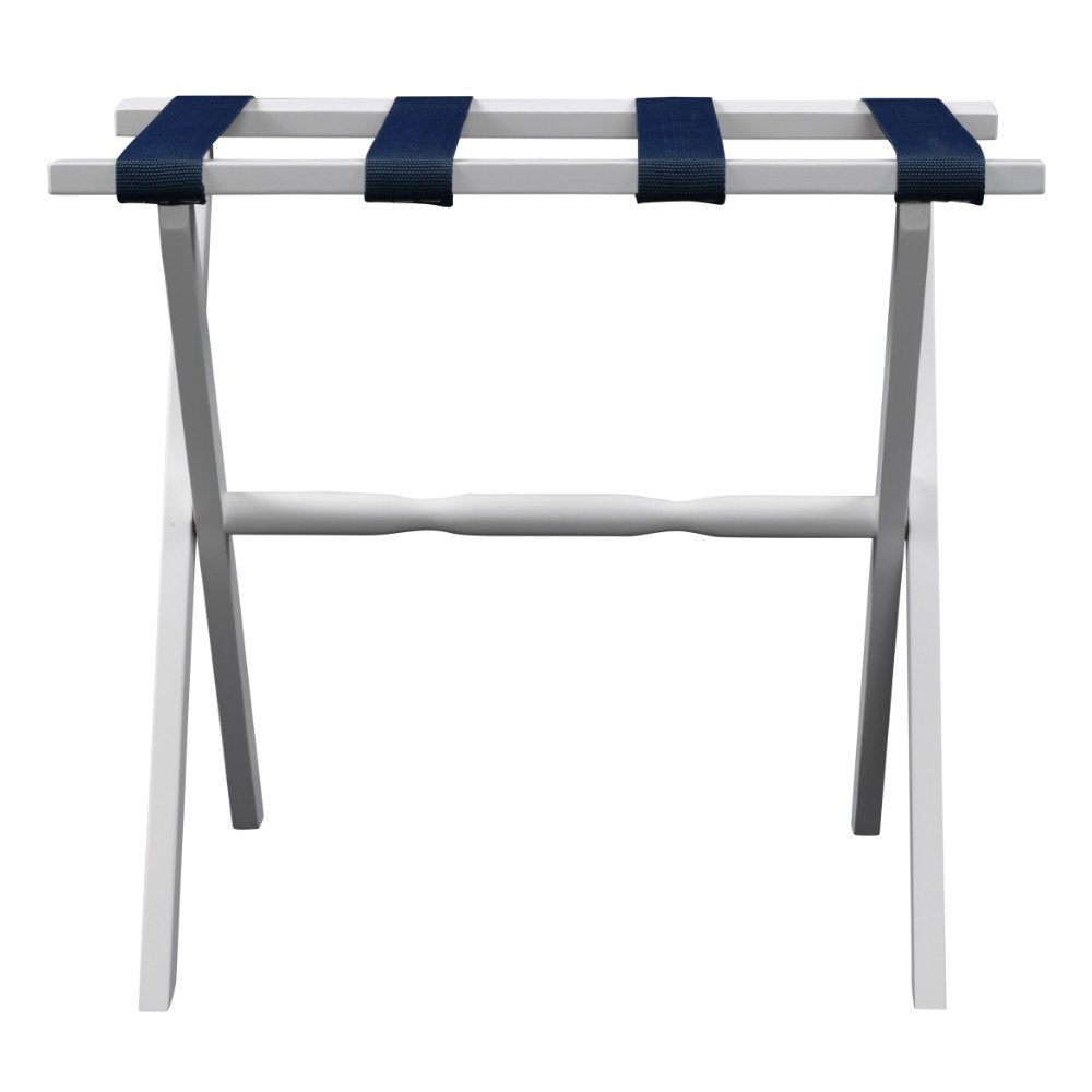 Hotel White Finish Wood Folding Luggage Rack With Navy Straps on a white background