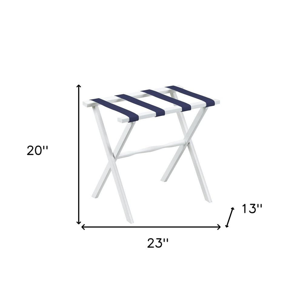 Hotel White Finish Wood Folding Luggage Rack With Navy Straps on a white background