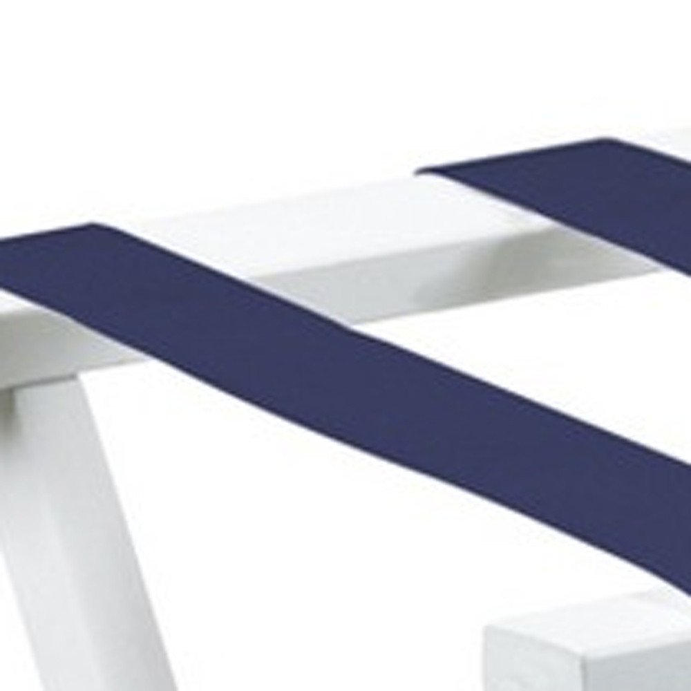 Hotel White Finish Wood Folding Luggage Rack With Navy Straps on a white background