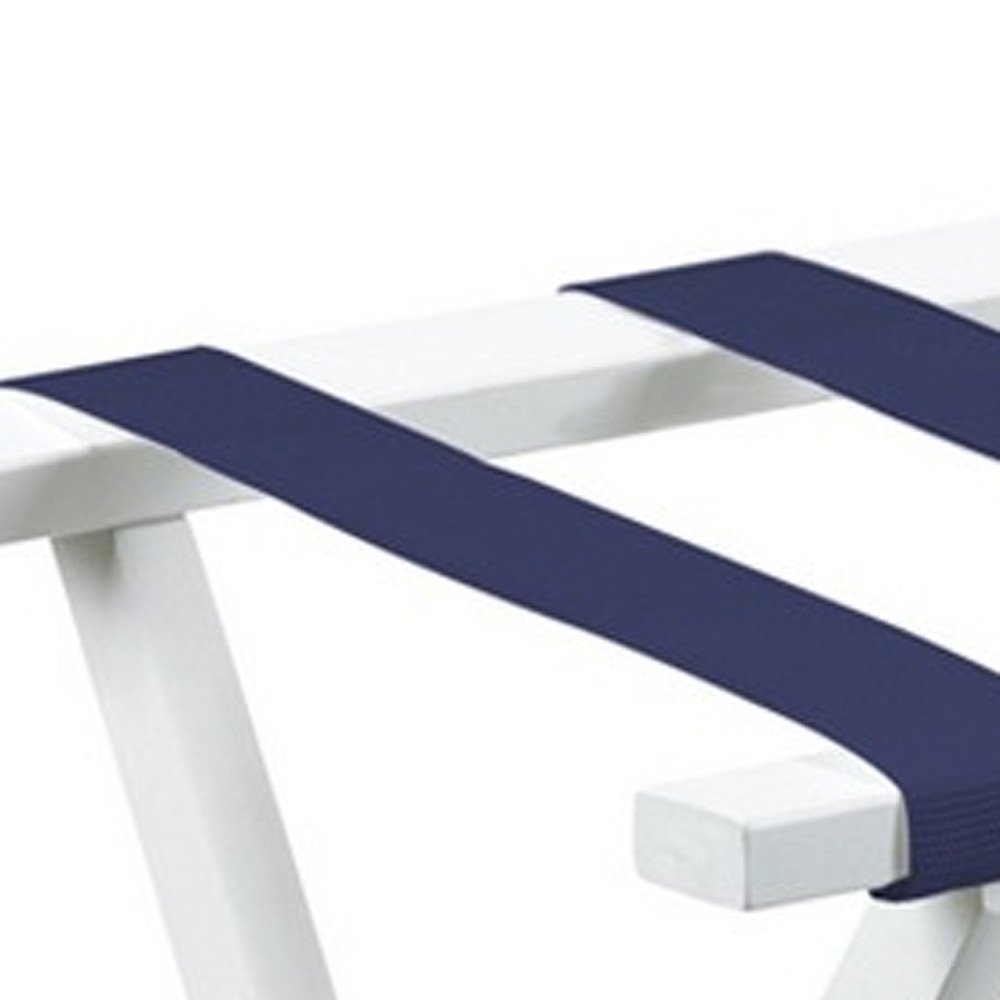 Hotel White Finish Wood Folding Luggage Rack With Navy Straps on a white background