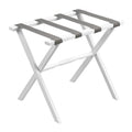 Hotel White Finish Wood Folding Luggage Rack With Gray Straps on a white background
