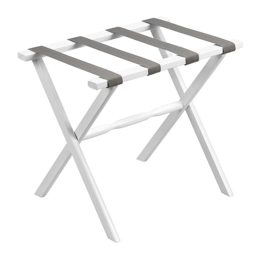 White wooden folding luggage rack with gray straps on a white background.