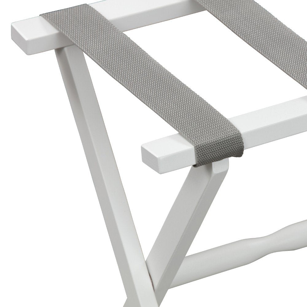 Hotel White Finish Wood Folding Luggage Rack With Gray Straps on a white background