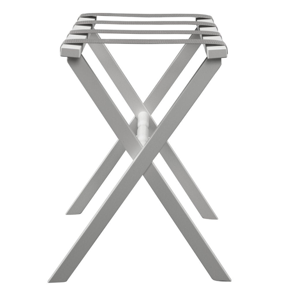 Hotel White Finish Wood Folding Luggage Rack With Gray Straps on a white background
