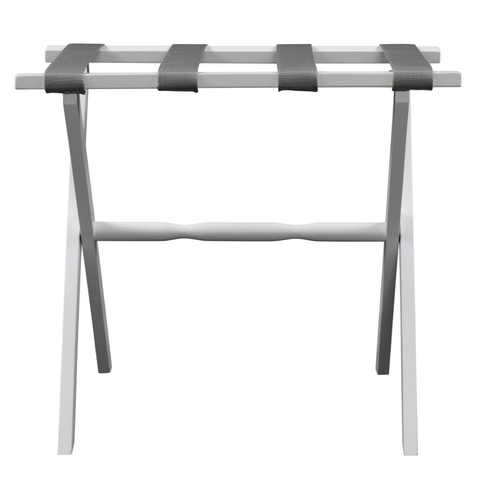 Hotel White Finish Wood Folding Luggage Rack With Gray Straps on a white background