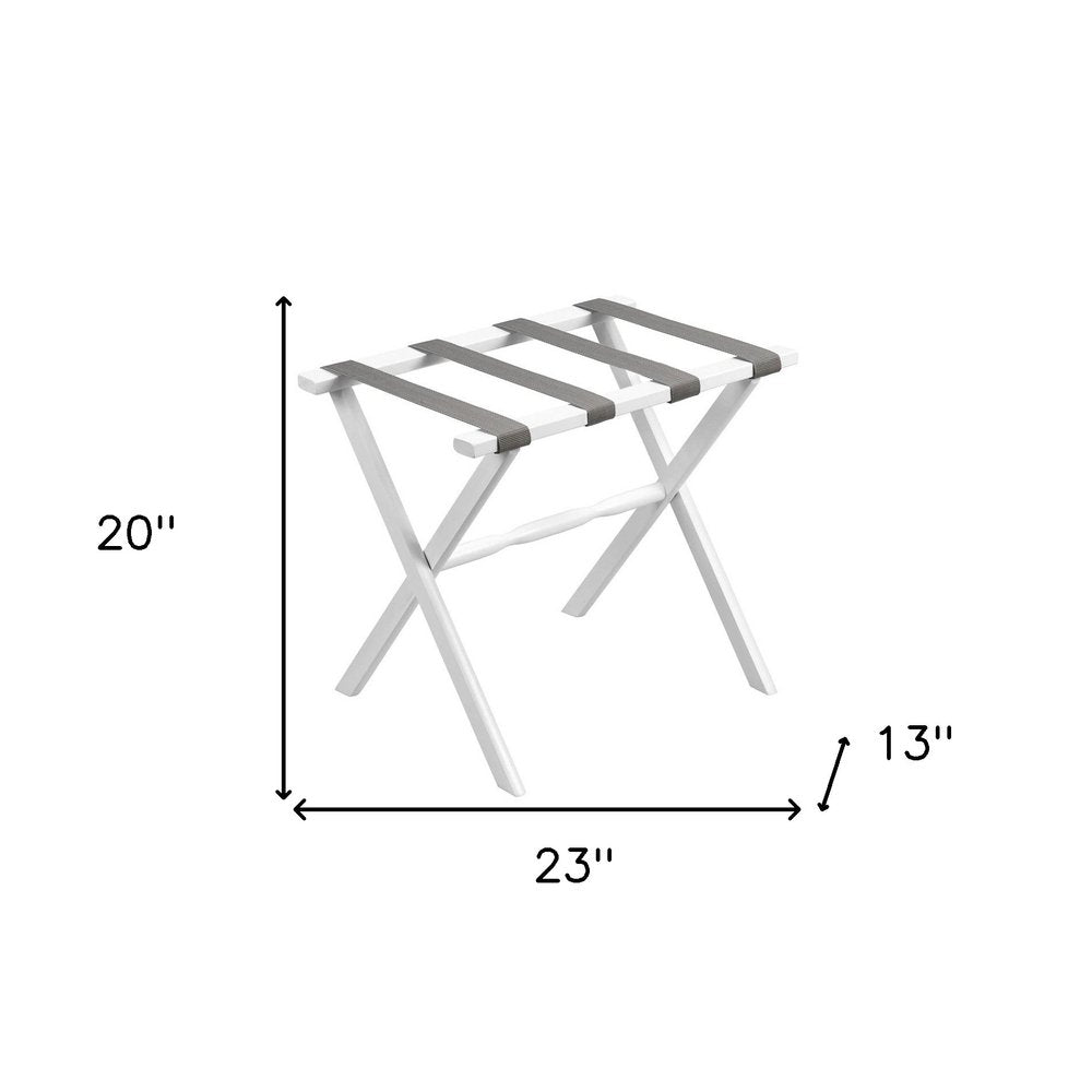 Hotel White Finish Wood Folding Luggage Rack With Gray Straps on a white background