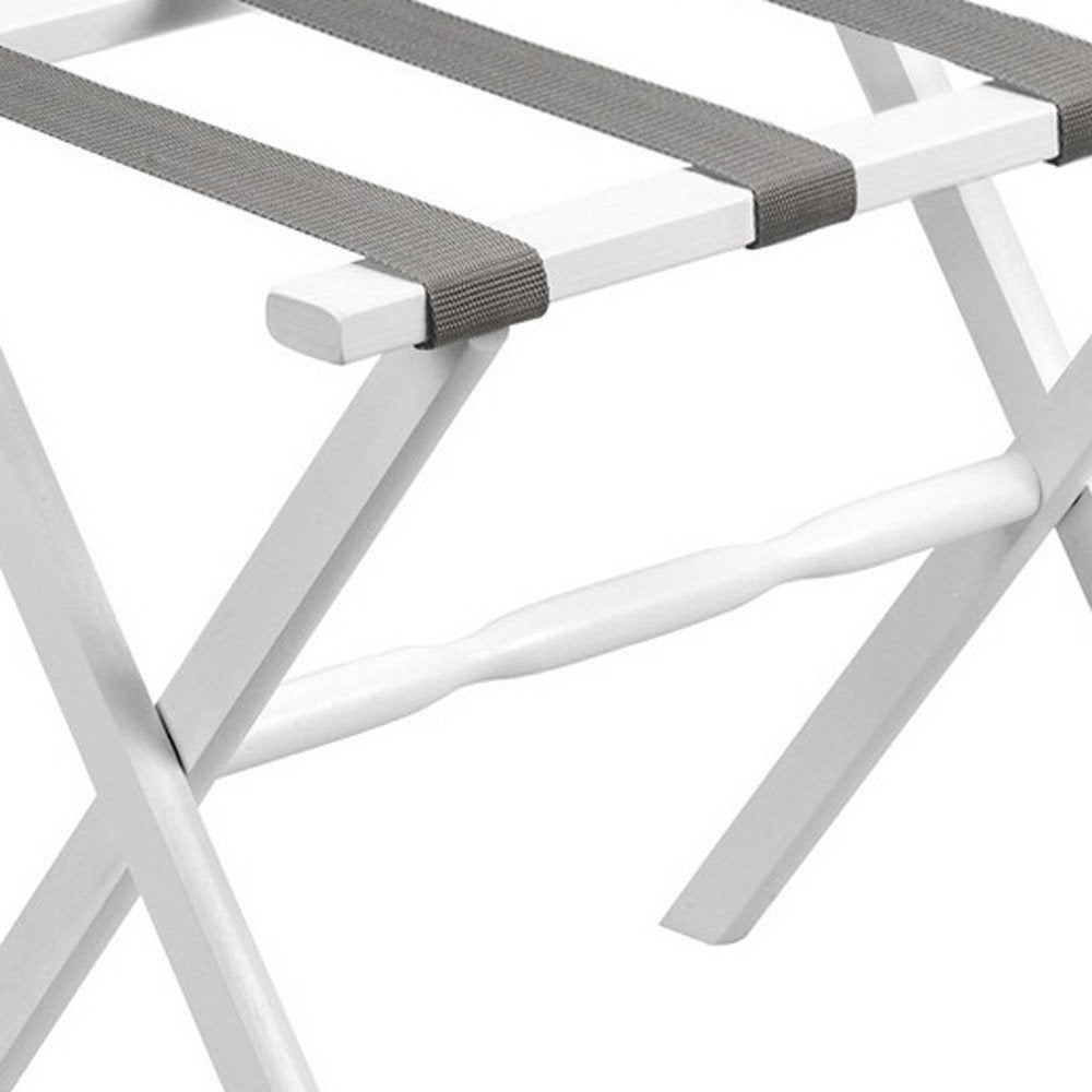 Hotel White Finish Wood Folding Luggage Rack With Gray Straps on a white background