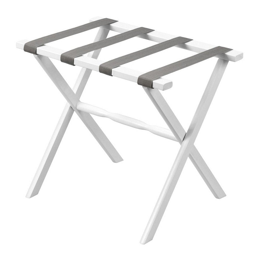 Hotel White Finish Wood Folding Luggage Rack With Gray Straps on a white background