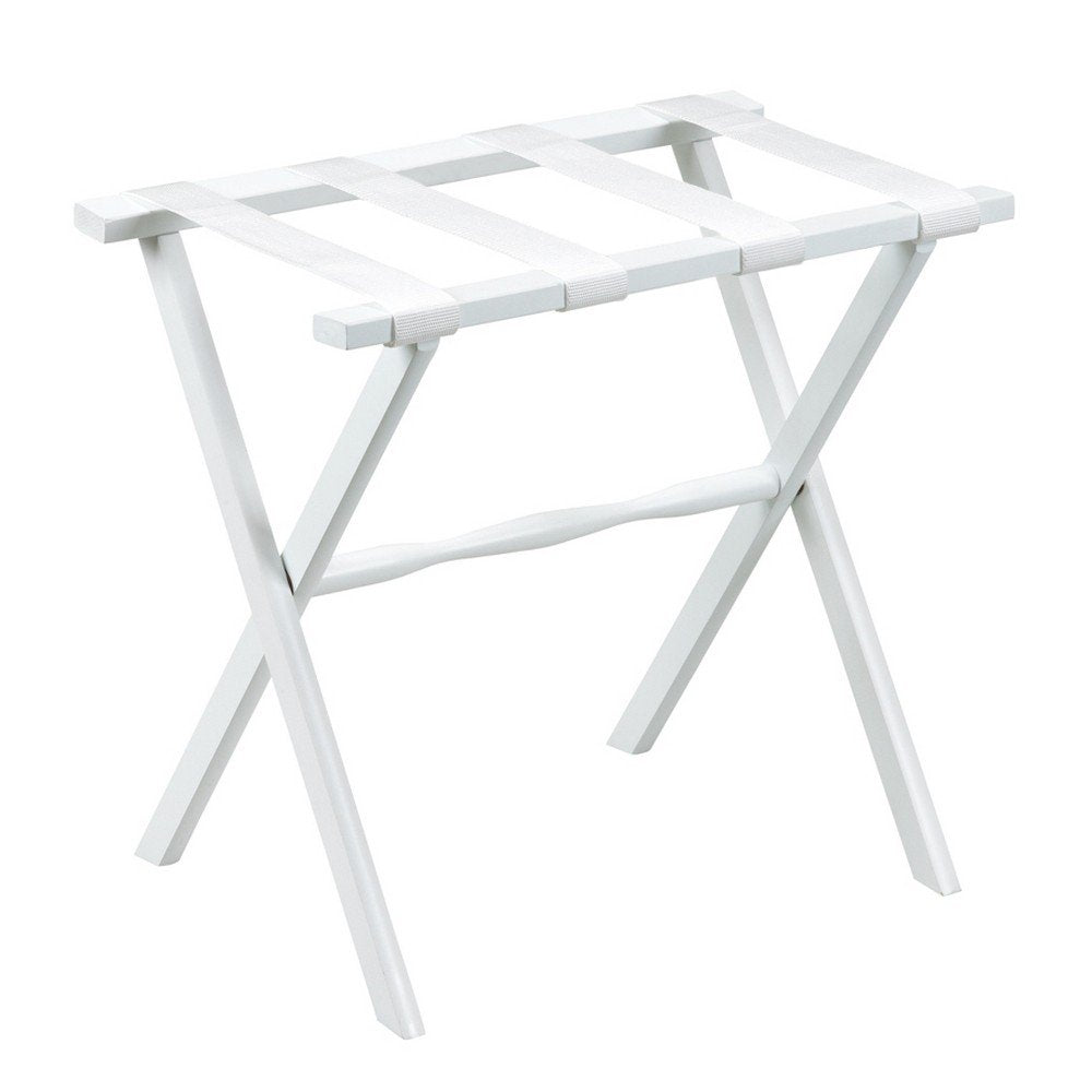 White wooden folding luggage rack with white straps on a white background.