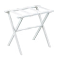 Hotel White Finish Wood Folding Luggage Rack With White Straps on a white background