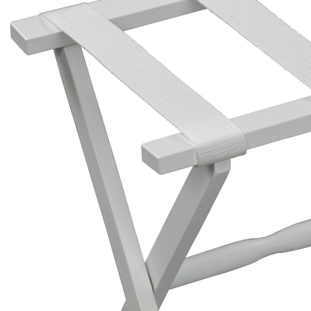 Hotel White Finish Wood Folding Luggage Rack With White Straps on a white background