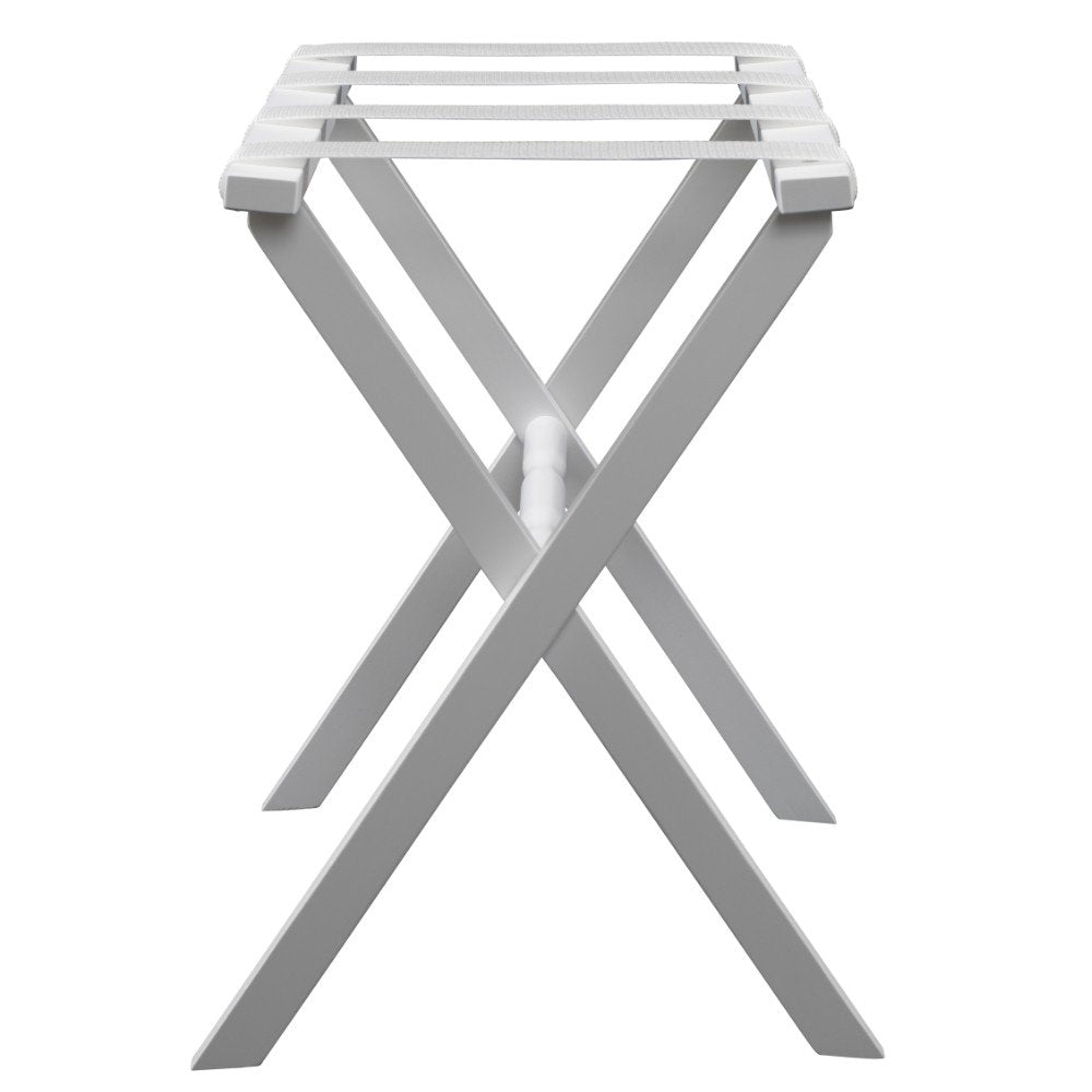 Hotel White Finish Wood Folding Luggage Rack With White Straps on a white background