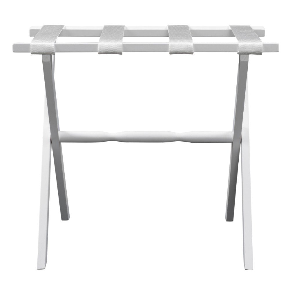 Hotel White Finish Wood Folding Luggage Rack With White Straps on a white background