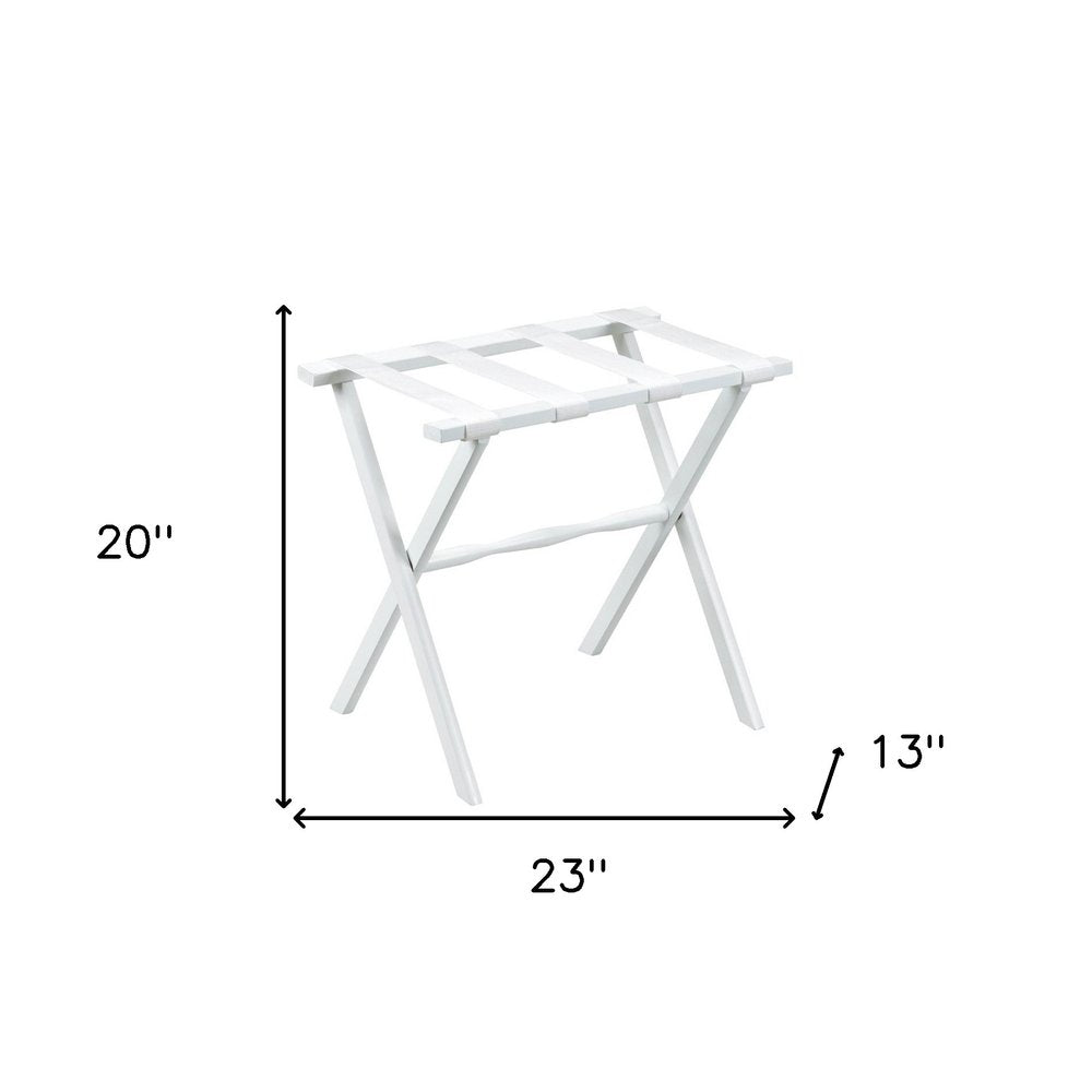 Hotel White Finish Wood Folding Luggage Rack With White Straps on a white background