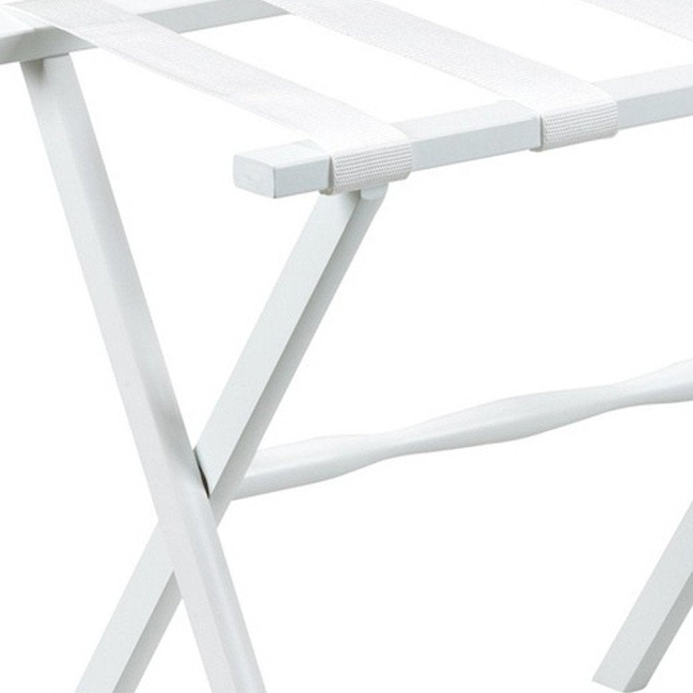 Hotel White Finish Wood Folding Luggage Rack With White Straps on a white background