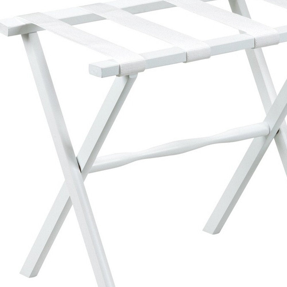 Hotel White Finish Wood Folding Luggage Rack With White Straps on a white background