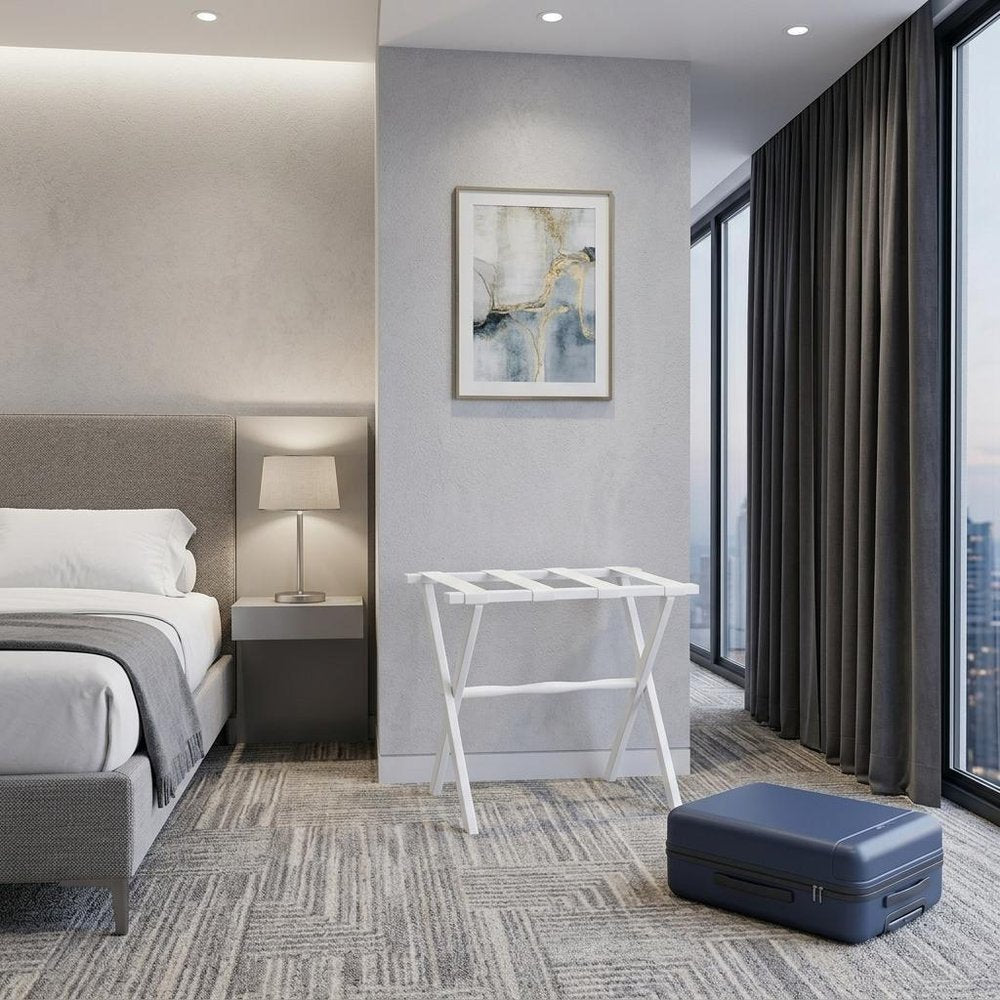 Hotel White Finish Wood Folding Luggage Rack With White Straps in a home interior