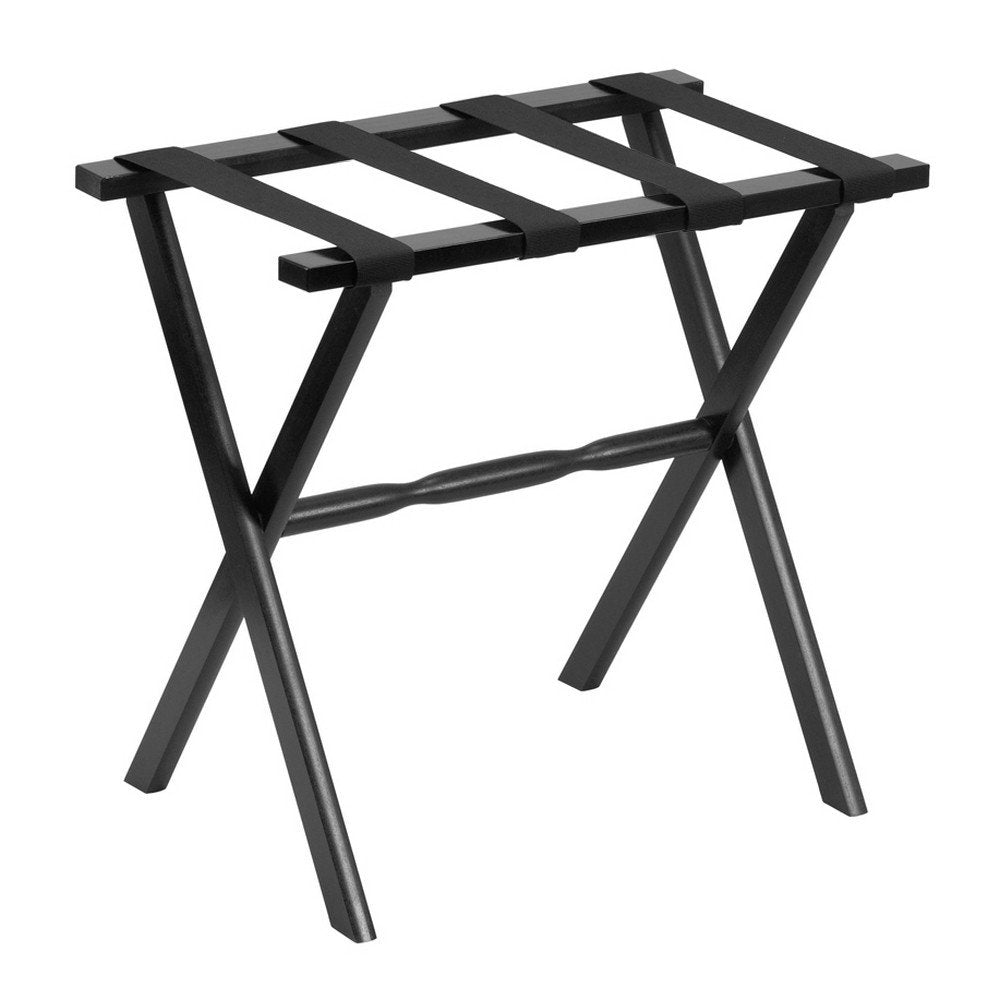 Black folding luggage rack with black straps on a white background.