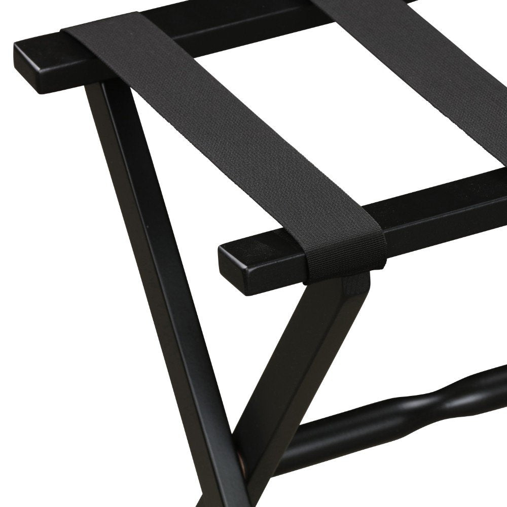 Hotel Black Finish Wood Folding Luggage Rack With Black Straps on a white background