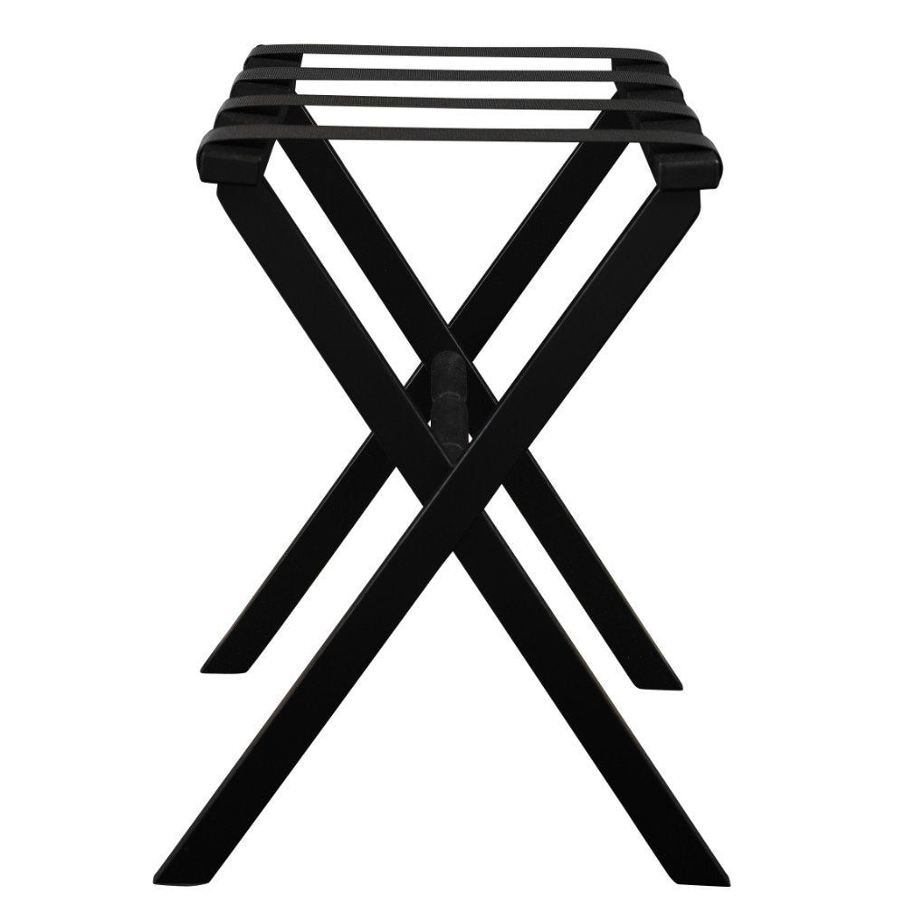 Hotel Black Finish Wood Folding Luggage Rack With Black Straps on a white background