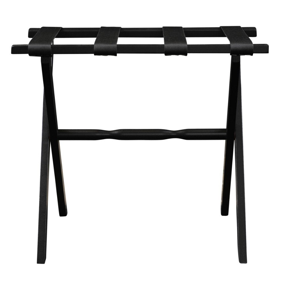 Hotel Black Finish Wood Folding Luggage Rack With Black Straps on a white background