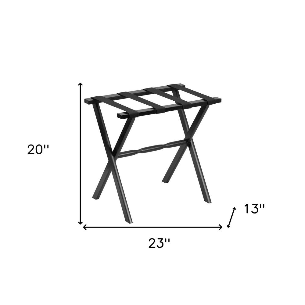Hotel Black Finish Wood Folding Luggage Rack With Black Straps on a white background