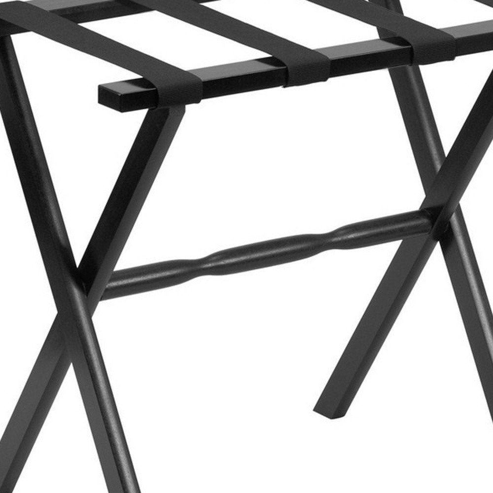 Hotel Black Finish Wood Folding Luggage Rack With Black Straps on a white background
