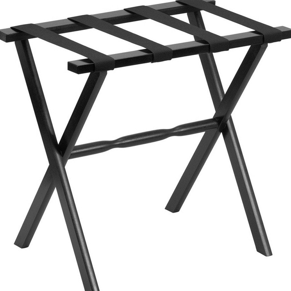Hotel Black Finish Wood Folding Luggage Rack With Black Straps on a white background