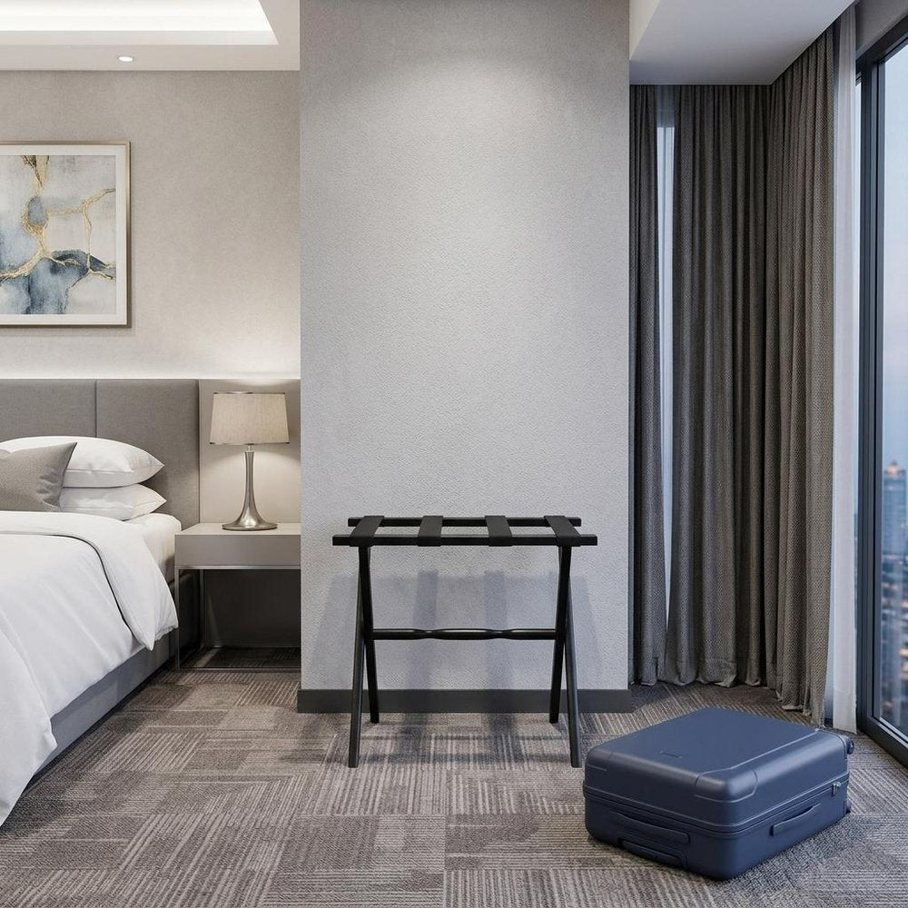 Hotel Black Finish Wood Folding Luggage Rack With Black Straps in a home interior