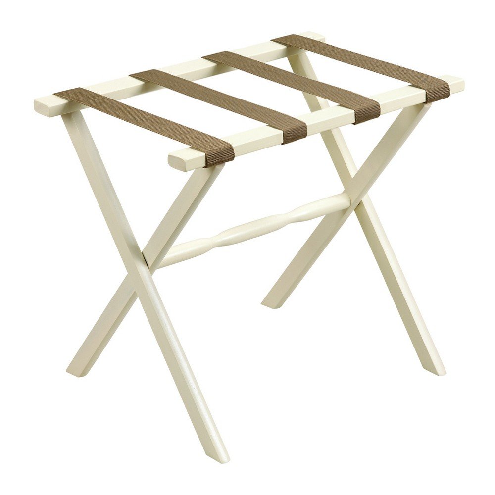 Hotel Ivory Finish Wood Folding Luggage Rack With Tan Straps on a white background