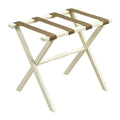 Hotel Ivory Finish Wood Folding Luggage Rack With Tan Straps on a white background