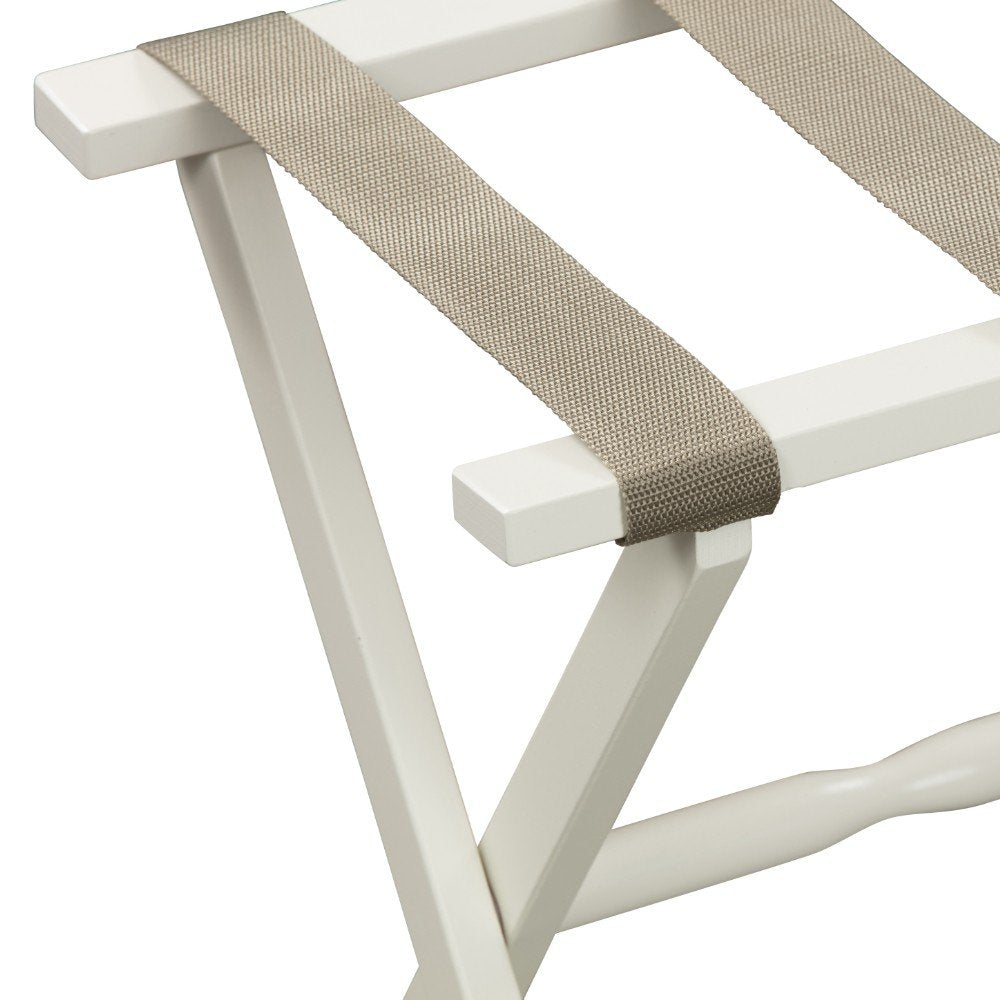 Hotel Ivory Finish Wood Folding Luggage Rack With Tan Straps on a white background