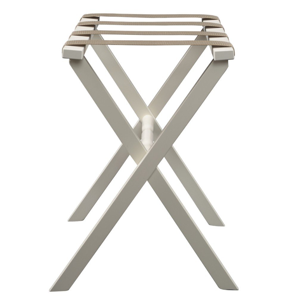 Hotel Ivory Finish Wood Folding Luggage Rack With Tan Straps on a white background