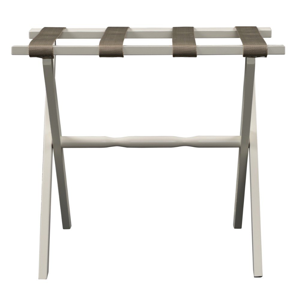 Hotel Ivory Finish Wood Folding Luggage Rack With Tan Straps on a white background