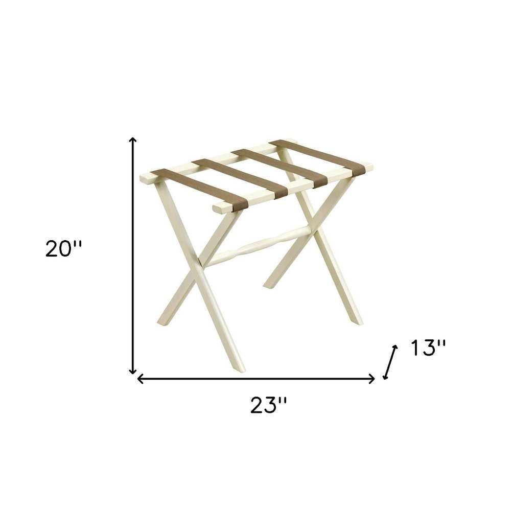 Hotel Ivory Finish Wood Folding Luggage Rack With Tan Straps on a white background