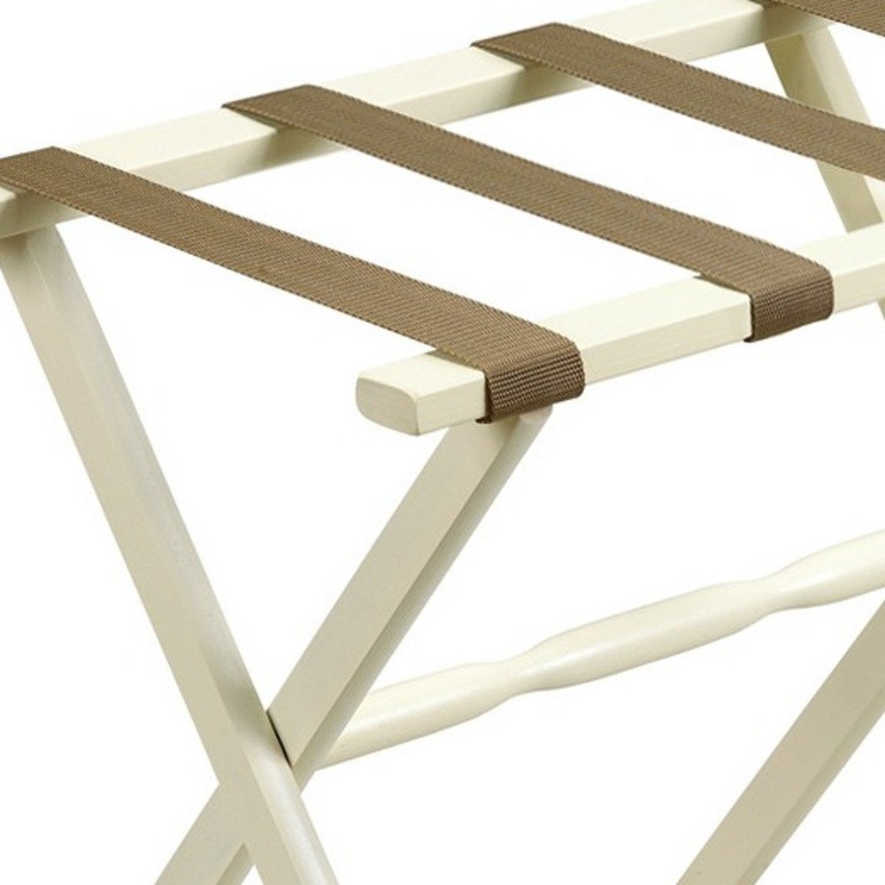 Hotel Ivory Finish Wood Folding Luggage Rack With Tan Straps on a white background