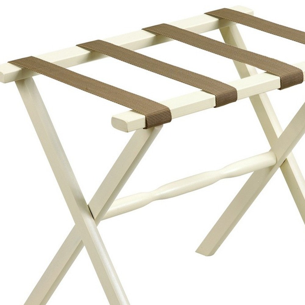 Hotel Ivory Finish Wood Folding Luggage Rack With Tan Straps on a white background