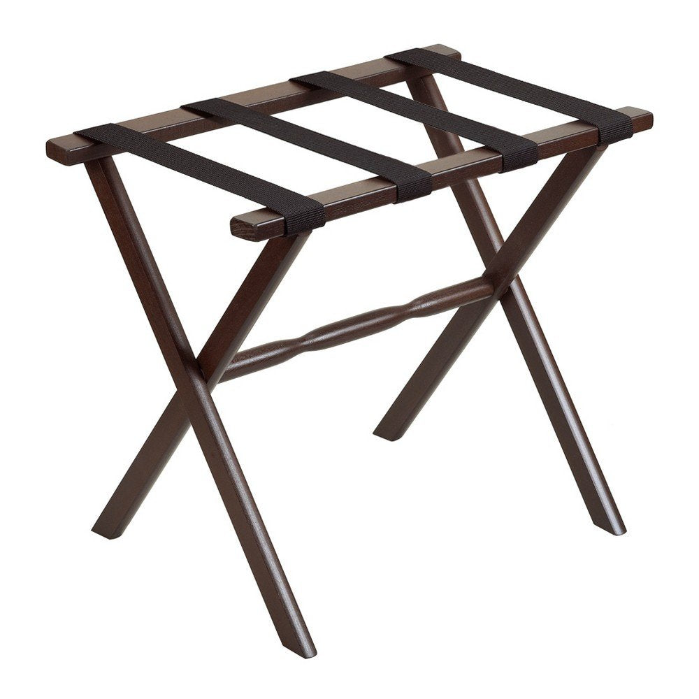 Dark walnut finish wood folding luggage rack with black straps on a white background.