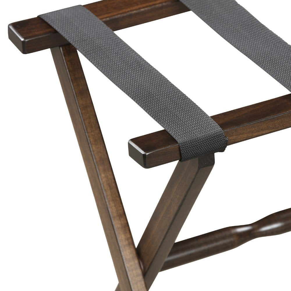 Hotel Dark Walnut Finish Wood Folding Luggage Rack With Black Straps on a white background
